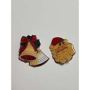 Christmas Bell and Santa Claus Enamel Pin Set - Red, Gold
